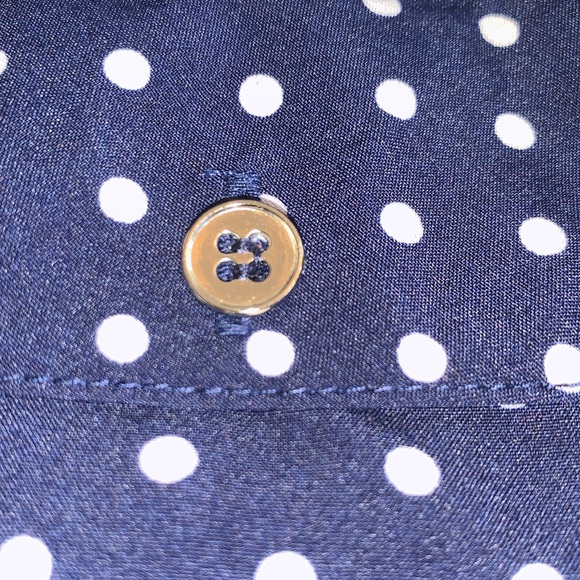 NOTATIONS Navy/white polka dot shirt blouse, side slits, silver buttons. L EUC - Picture 10 of 17